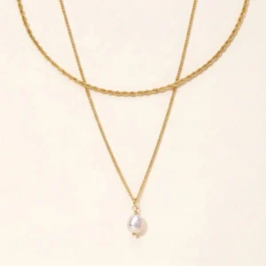 18k gold rope chain twisted texture and teardrop pearl pendant necklace bundle flat lay white background top view