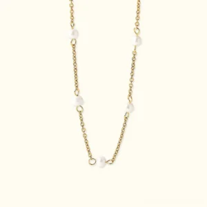 18K gold pearl station necklace front display with twisted chain and evenly spaced freshwater pearls
