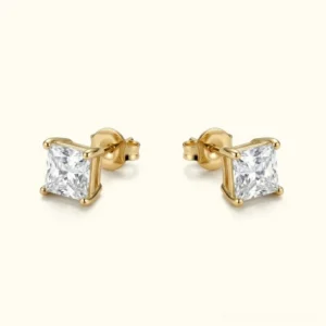 18K gold princess cut cubic zirconia stud earrings flat lay top view showing square crystal stones in basket settings