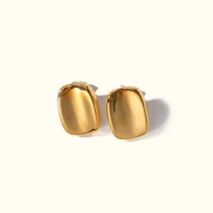 18K gold rectangular stud earrings flat lay top-down view on beige background minimalist design