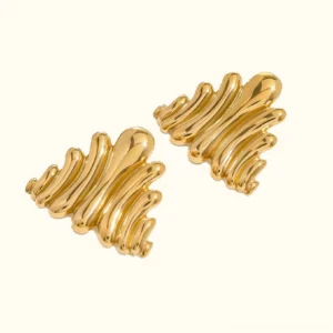 18K gold wave ripple stud earrings flat lay product shot showing high-polish yellow gold finish on plain background