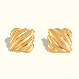 18K gold rippled stud earrings flat lay frontal view plain background textured design