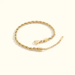 14k gold twisted rope chain anklet flat lay detail view with adjustable lobster clasp extender chain