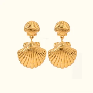18K gold seashell drop earrings with double scallop design flat lay front view showcasing intricate ribbed shell texture and polished gold finish