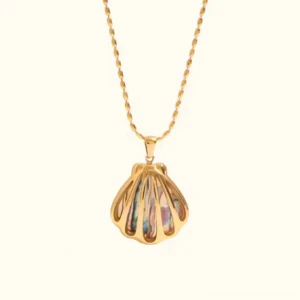 18k gold seashell pendant necklace with iridescent abalone inlay flat lay front view on white background