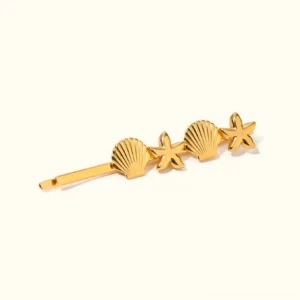 18K gold seashell starfish hair pin with polished finish and intricate marine motif details front view