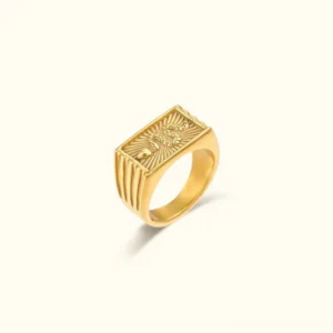 18K gold square signet ring with serpent emblem front view - vertical fluted band design