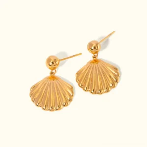 18K gold shell drop earrings front view on white background showcasing polished ribbed texture and ball stud design