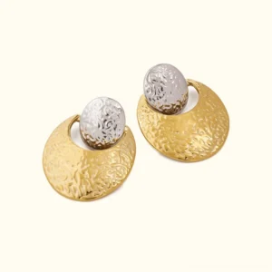 18K gold and silver two-tone crescent earrings with hammered texture front view on plain background