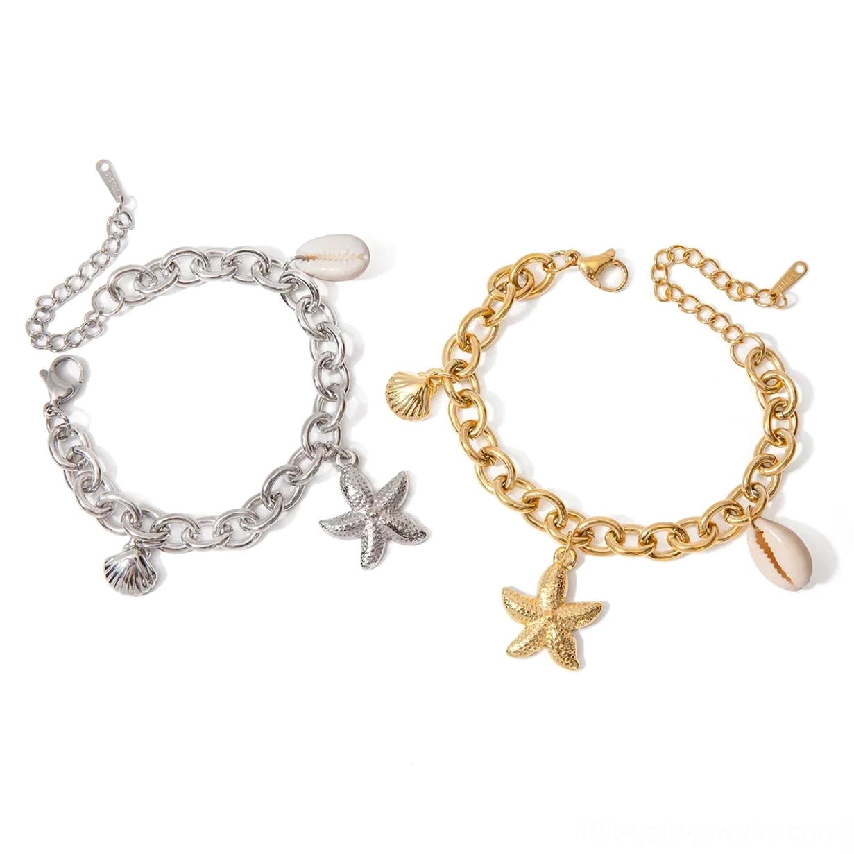 18k gold and silver ocean charm bracelets matching pair extension chain flat lay