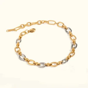 18K gold and silver two-tone chain bracelet flat lay top view showing alternating metal oval links and polished finish