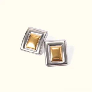 18K gold and silver two-tone square stud earrings flat lay front view polished finish