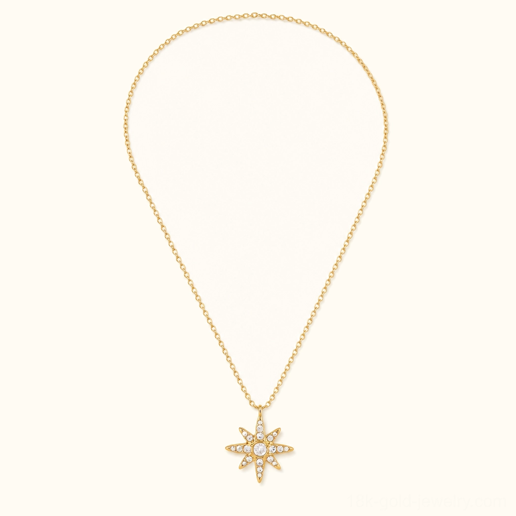 18K gold single star pendant necklace minimalist design flat lay shot showing pavé star charm on delicate gold chain neutral background