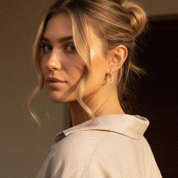 Minimalist 18K gold single smooth hoop earring, three-quarter back profile view on model with updo hairstyle