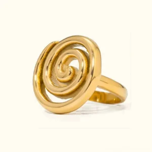 18K gold spiral statement ring front view flat lay polished finish geometric design