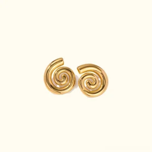 18K gold spiral stud earrings front view - polished chunky vortex design with high-shine finish on plain background