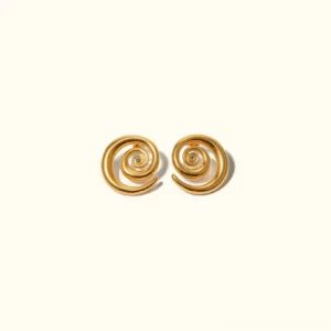 18K gold spiral stud earrings with diamond simulant accent flat lay top view polished finish