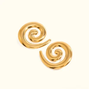 18K gold spiral stud earrings polished finish front view, white background studio photography