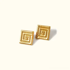 18K gold spiral stud earrings with square frame geometric design polished finish