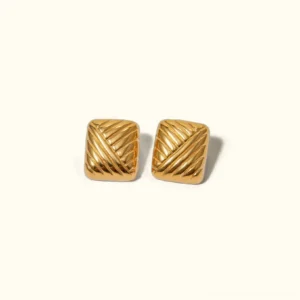 18K gold square stud earrings with diagonal texture engraving front view flat lay white background