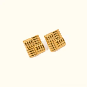 18K gold square woven stud earrings flat lay top view polished finish