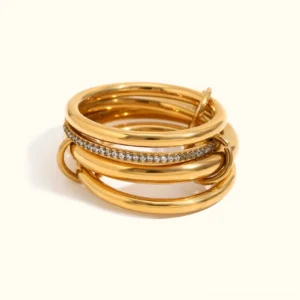 18K Gold Stackable Ring Stack with Diamond Simulant Pavé Band – Multi-Band Flat Lay Display on Neutral Background