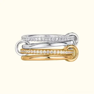18K Gold Stacked Diamond Ring - Dual-Tone Yellow Gold and Sterling Silver with Pavé Diamond Simulants - Flat Lay Top View