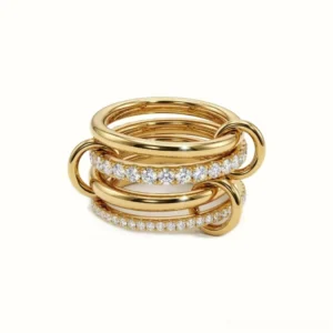 18K gold stacked diamond ring front view flat lay multi-band interlocking design with diamond accents