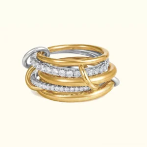 18K gold two-tone stacked diamond ring front flat lay view with interlocking bands and pavé diamond accents