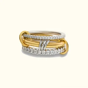 18K gold sterling silver stacked diamond ring flat lay top down view two-tone intertwined bands pavé diamonds