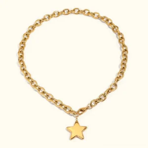 18K gold star pendant necklace with oval cable chain flat lay front view polished golden finish