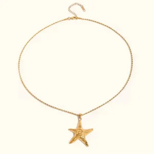 18K gold starfish pendant necklace with twisted rope chain, front flat lay view on white background showing textured spiral starfish charm and adjustable extender
