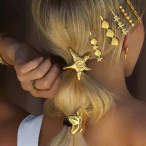18K gold starfish pearl hair clips ocean themed accessory set model wear close-up blonde hair styling demonstration