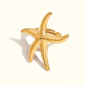 18K gold starfish open ring front view flat lay, polished golden finish, five curved arms, white background
