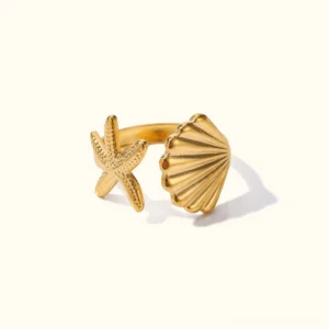 18K gold adjustable ring with starfish and shell charms on plain white background front view