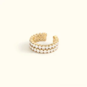 18K gold studded pavé ring open-ended adjustable design flat lay top view double row diamond simulants