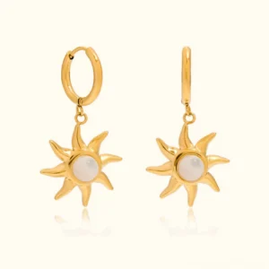 18K gold sun-ray moonstone hoop earrings front view flat lay with detailed sunburst design and luminous moonstone center
