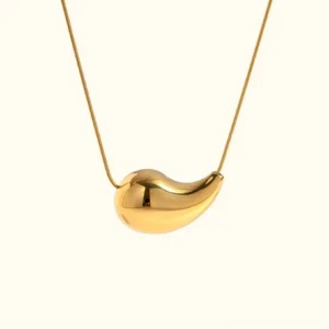18K gold teardrop drop necklace front view - polished gold pendant on delicate snake chain against plain background