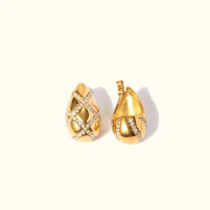 18K gold teardrop earrings with diamond simulants crisscross pattern front view on white background