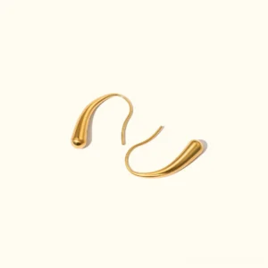 18K gold teardrop hook earrings with twisted semi-arc design, polished finish on plain background