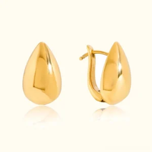 18K gold teardrop huggie earrings flat lay display front view with smooth polished surface and hinged clasp