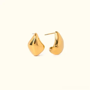 18K gold teardrop huggie earrings front view flat lay polished finish