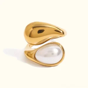 18K gold teardrop pearl open ring with polished finish on white background - front view