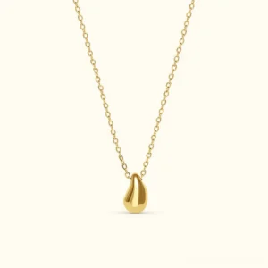 18K gold teardrop pendant necklace front view polished smooth finish cable chain minimalist luxury jewelry
