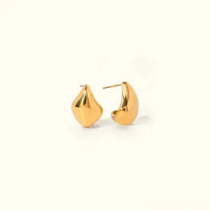 18K gold teardrop stud earrings polished finish front flat lay luxury minimalist
