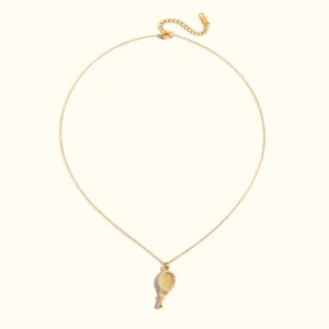 18K gold tennis racket pendant necklace with pavé diamond simulants on gold chain, flat lay front view, minimalist luxury design