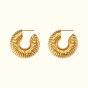 18K gold textured hoop earrings with ridged grooved surface on white background flat lay product view