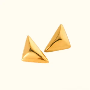 18K gold geometric triangle stud earrings with polished finish, pyramid shape, front flat lay view on plain background