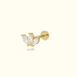 18K gold plated trio marquise diamond flat back stud earring front view polished finish luxury piercing jewelry