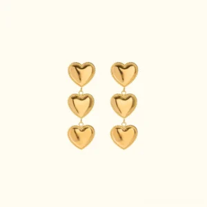 18K gold triple heart drop earrings front flat lay view on white background showing polished finish and three sequential dangling gold hearts